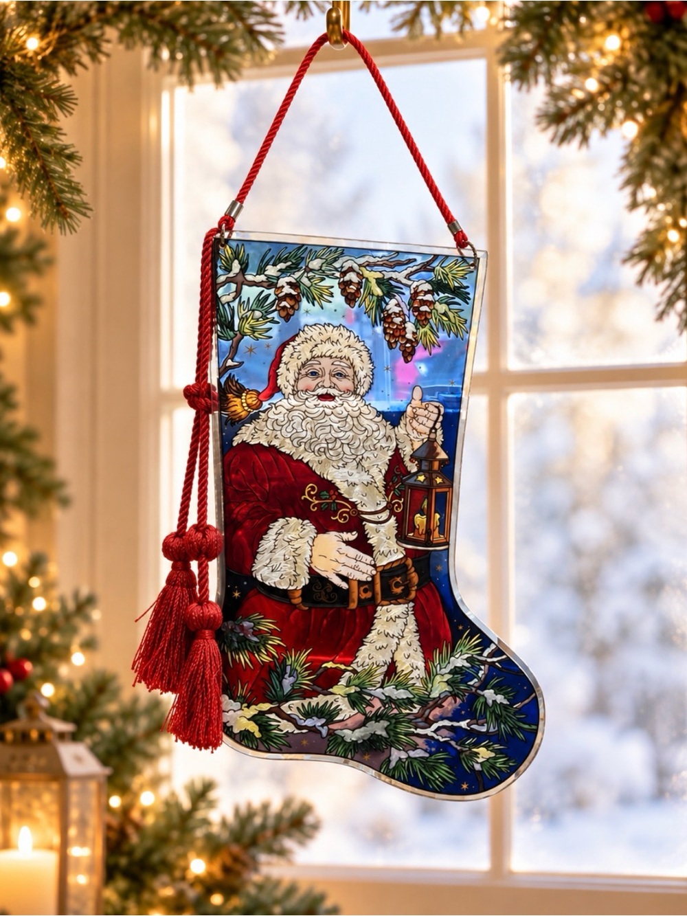 Amia Large Stained Glass Sun Catcher Christmas Santa Stocking Holiday Decor